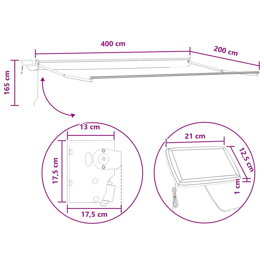 Handbediende luifel met LED's Taupe 100% Polyester en Aluminium