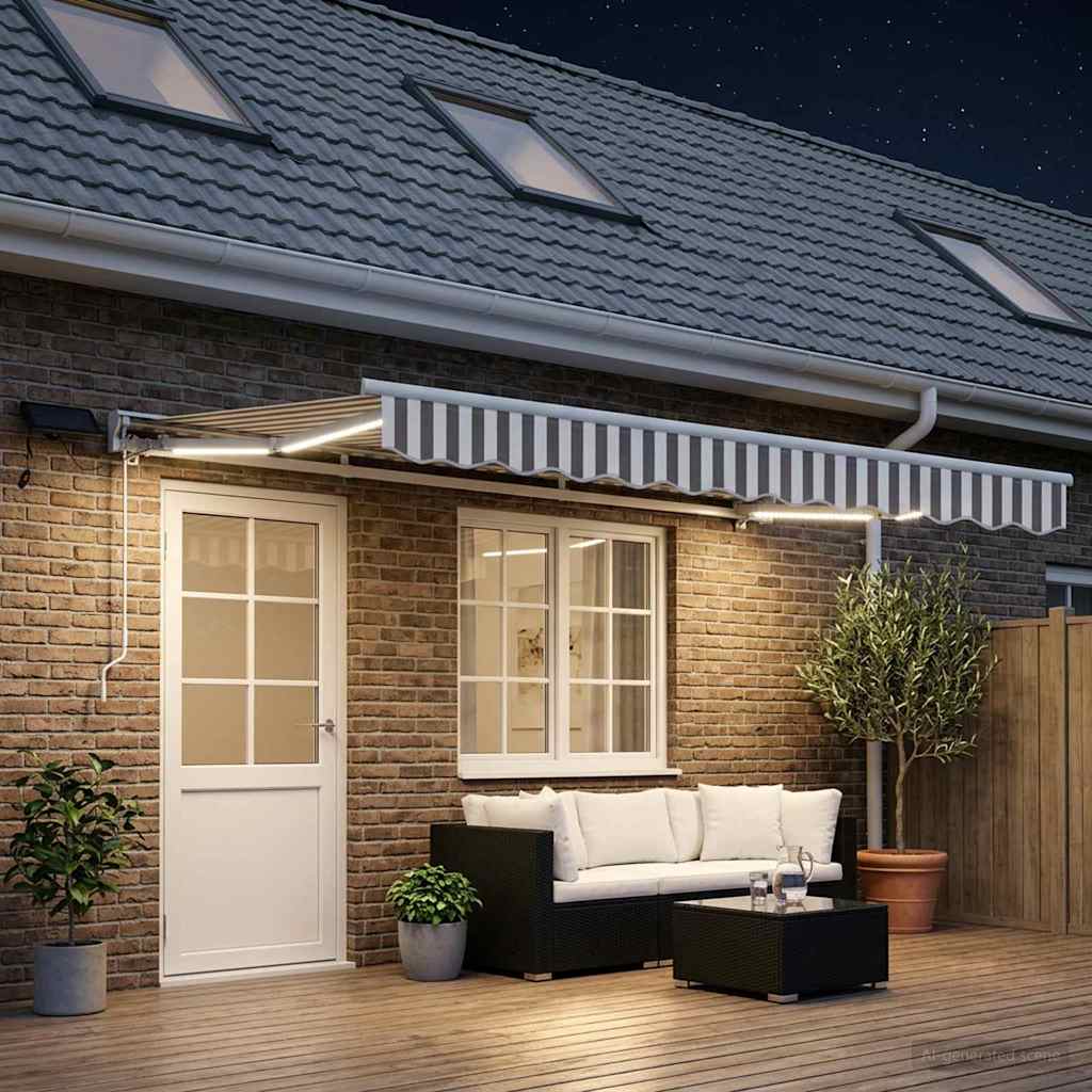 Handmatige Luifelhouder met LED's Lichtgrijs en wit. 4,5 × 3 m