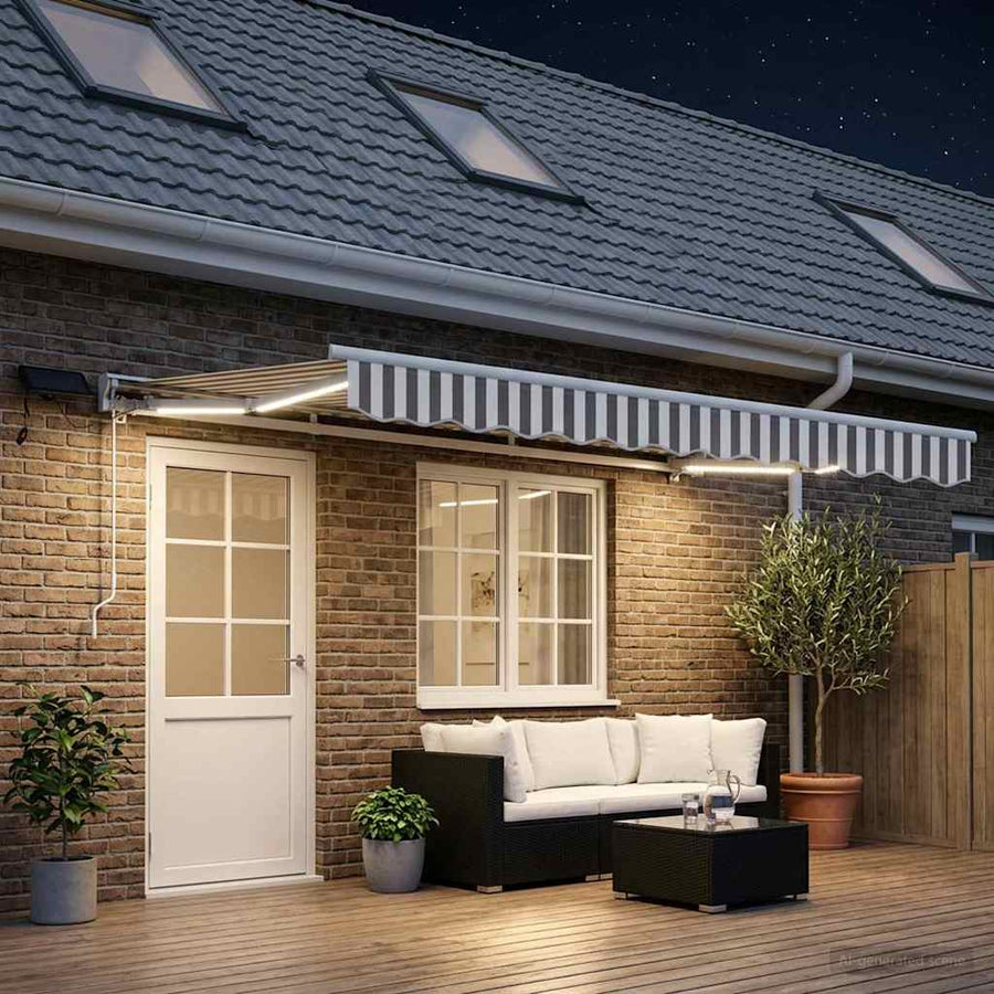 Handmatige Luifelhouder met LED's Lichtgrijs en wit. 4,5 × 3 m