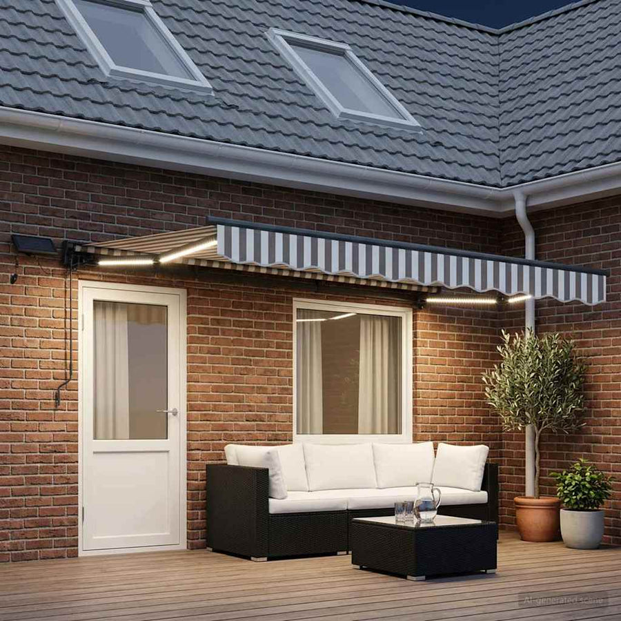Handmatige Luifelhouder met LED's Lichtgrijs en wit. 5 × 3,5 m