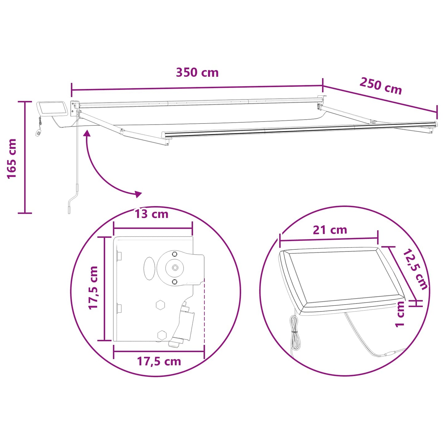 Handbediende luifel met LED's Lichtgrijs en wit.
