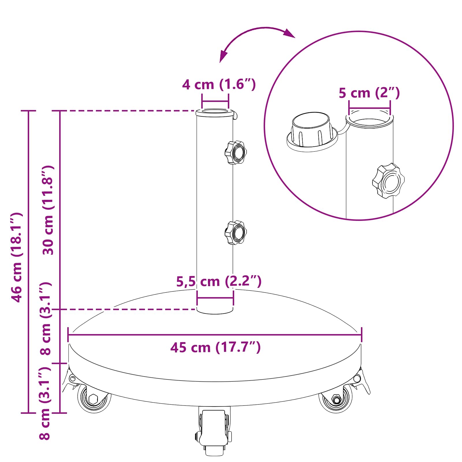 Graniet parasolvoet met wielen voor 4-5 cm stok 27.2 kg Grijs