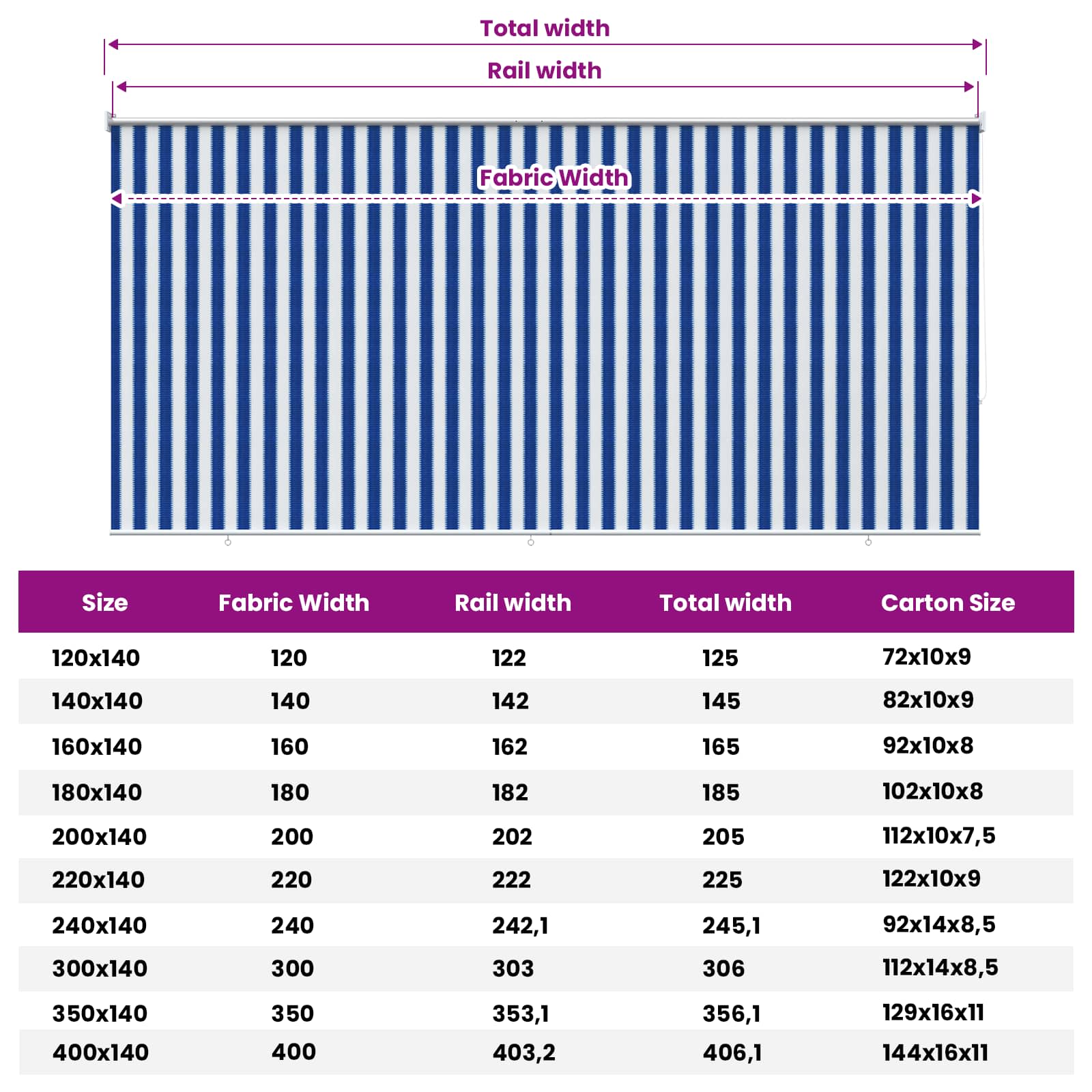 Buitenrolgordijn 90% UV-blok Blauw en Witte Streep 300 x 140 cm