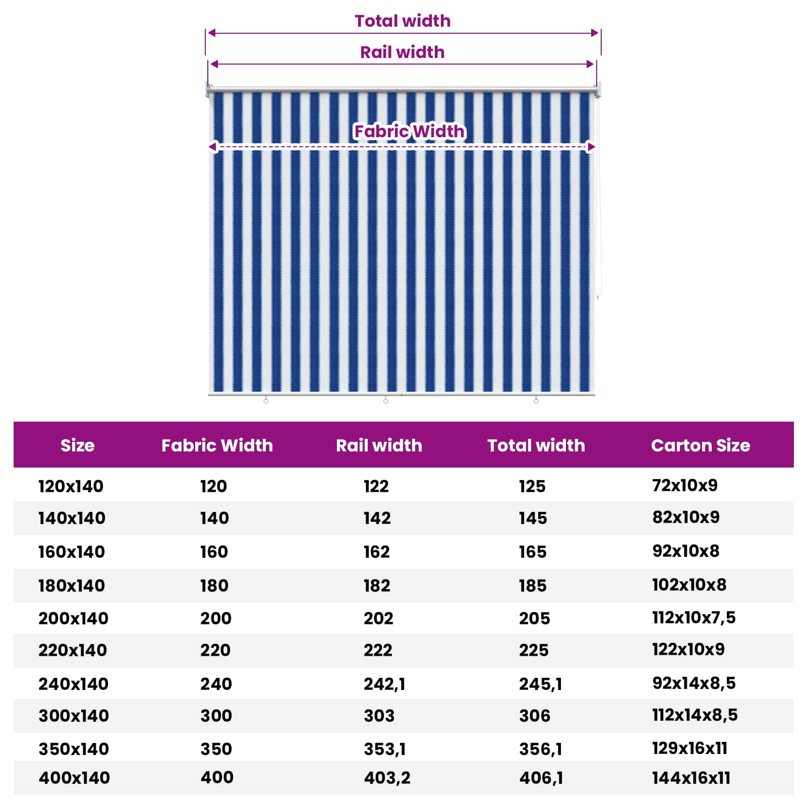 Buitenrolgordijn 90% UV-blok Blauw en Witte Streep 140 x 230 cm