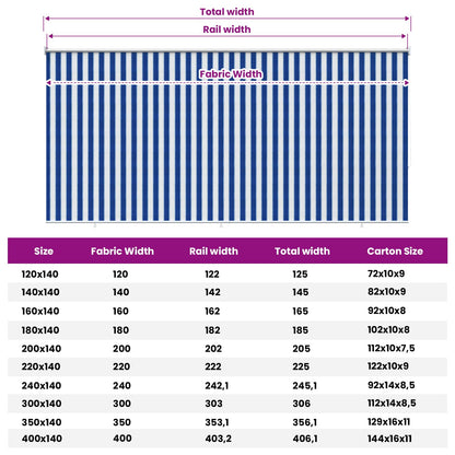 Buitenrolgordijn 90% UV-blok Blauw en Witte Streep 400 x 230 cm