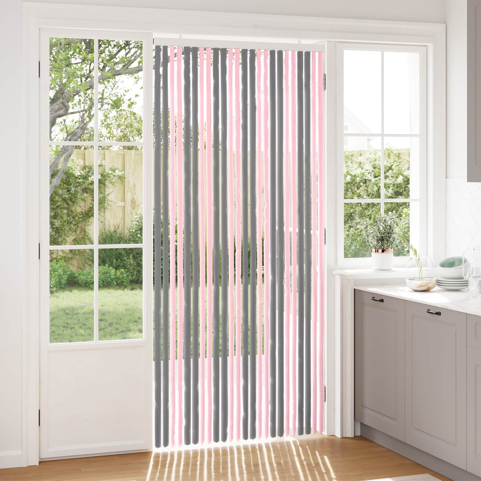 Insecten Gordijn Chenille Zilvergrijs en Roze 100 x 220 cm