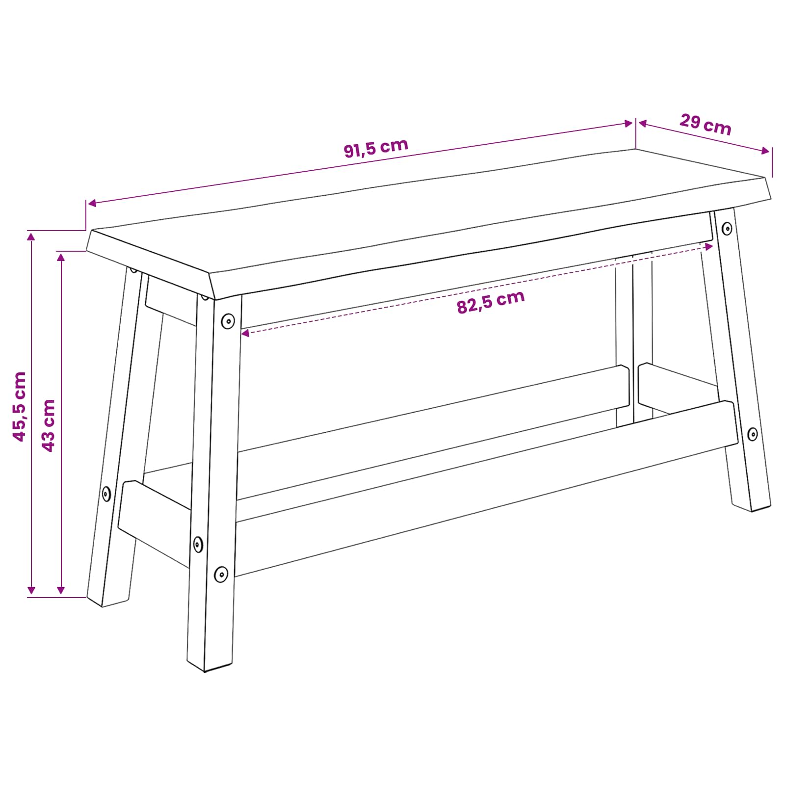 Eetbank EKAI Zwart 91,5 x 29 x 45,5 cm Massief grenenhout