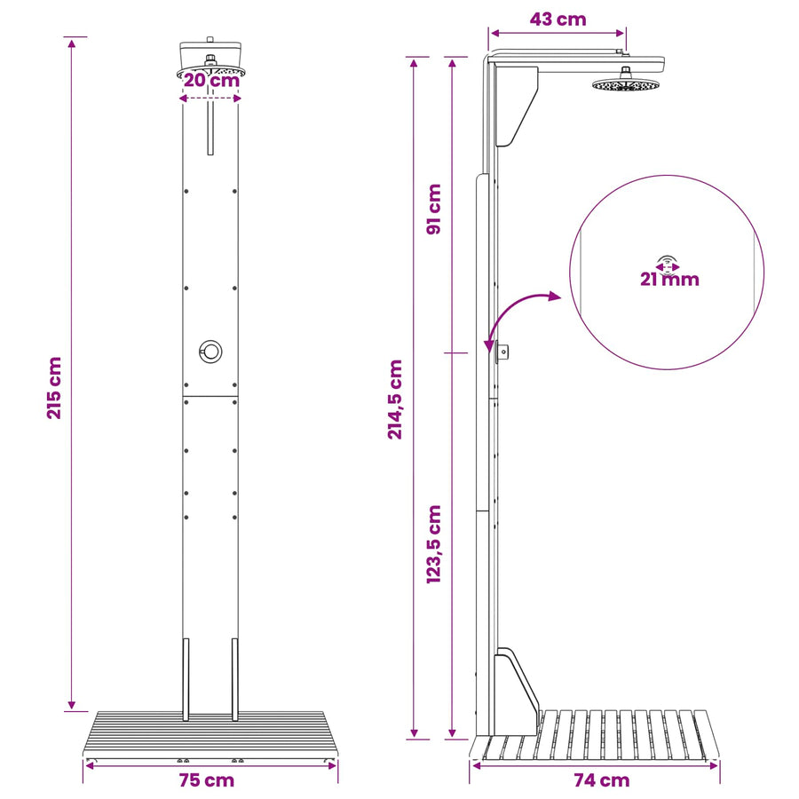 Buitendouche 219 cm Massief acaciahout en roestvrij staal Wit