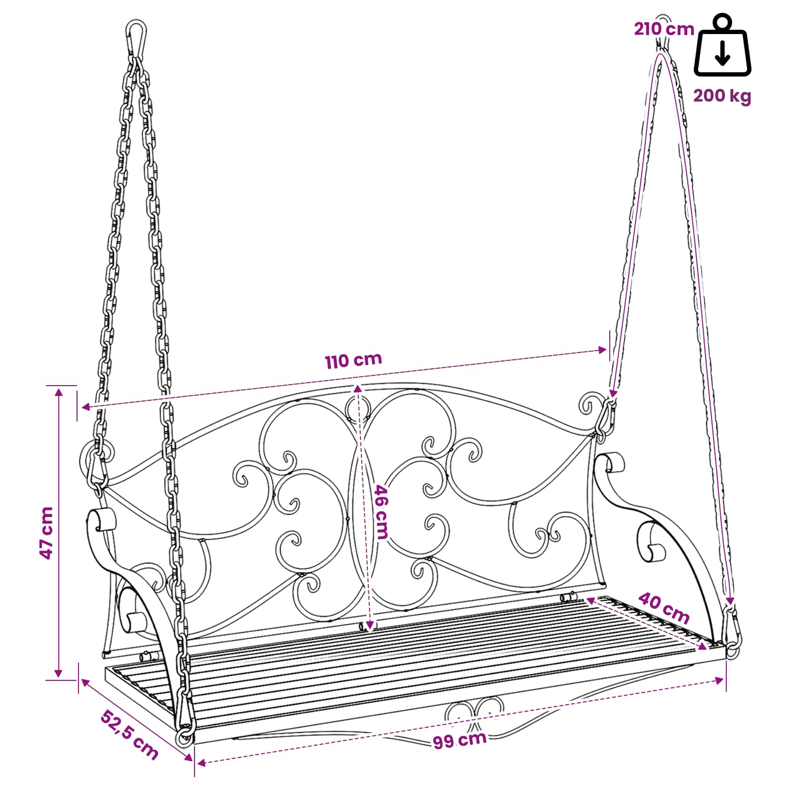 Schommelbank Staal 110 x 52,5 x 47 cm Antiek wit