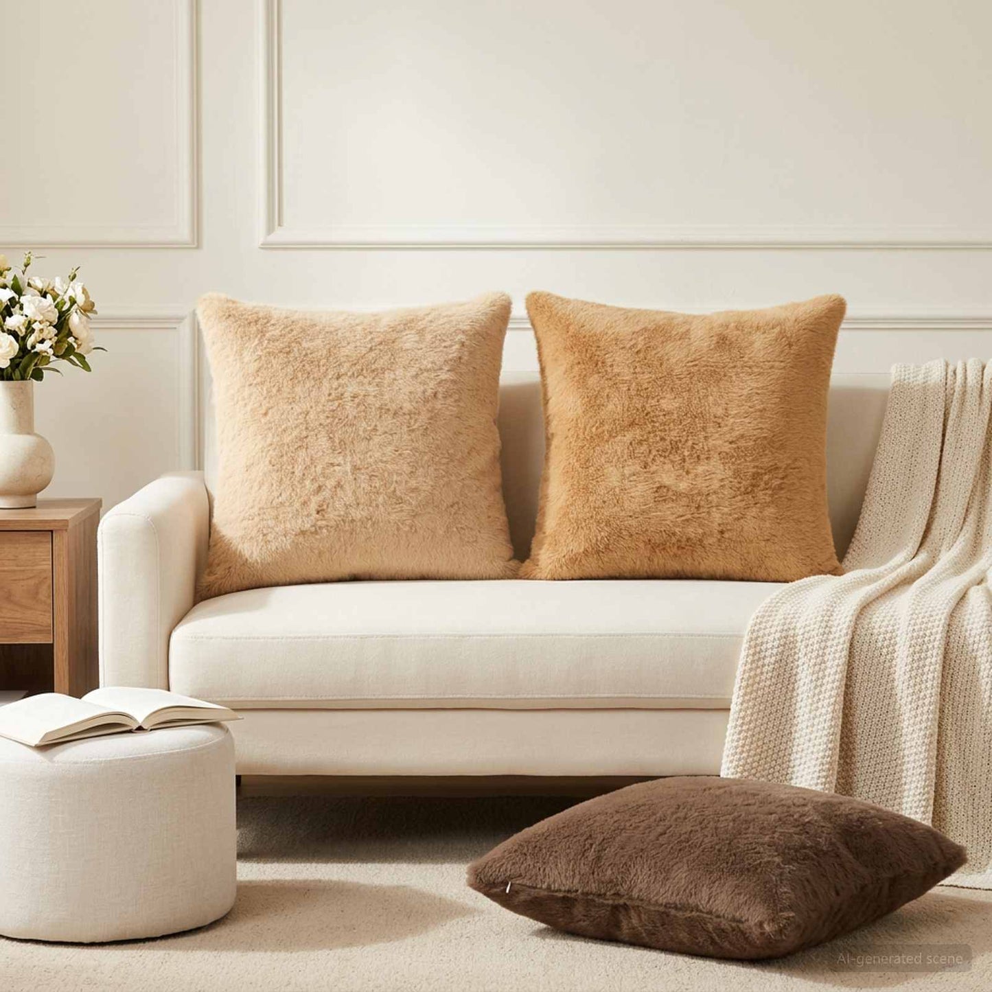 Kussensloop 2 st HEERLEN Taupe 55 x 55 cm Nep Konijnenbont