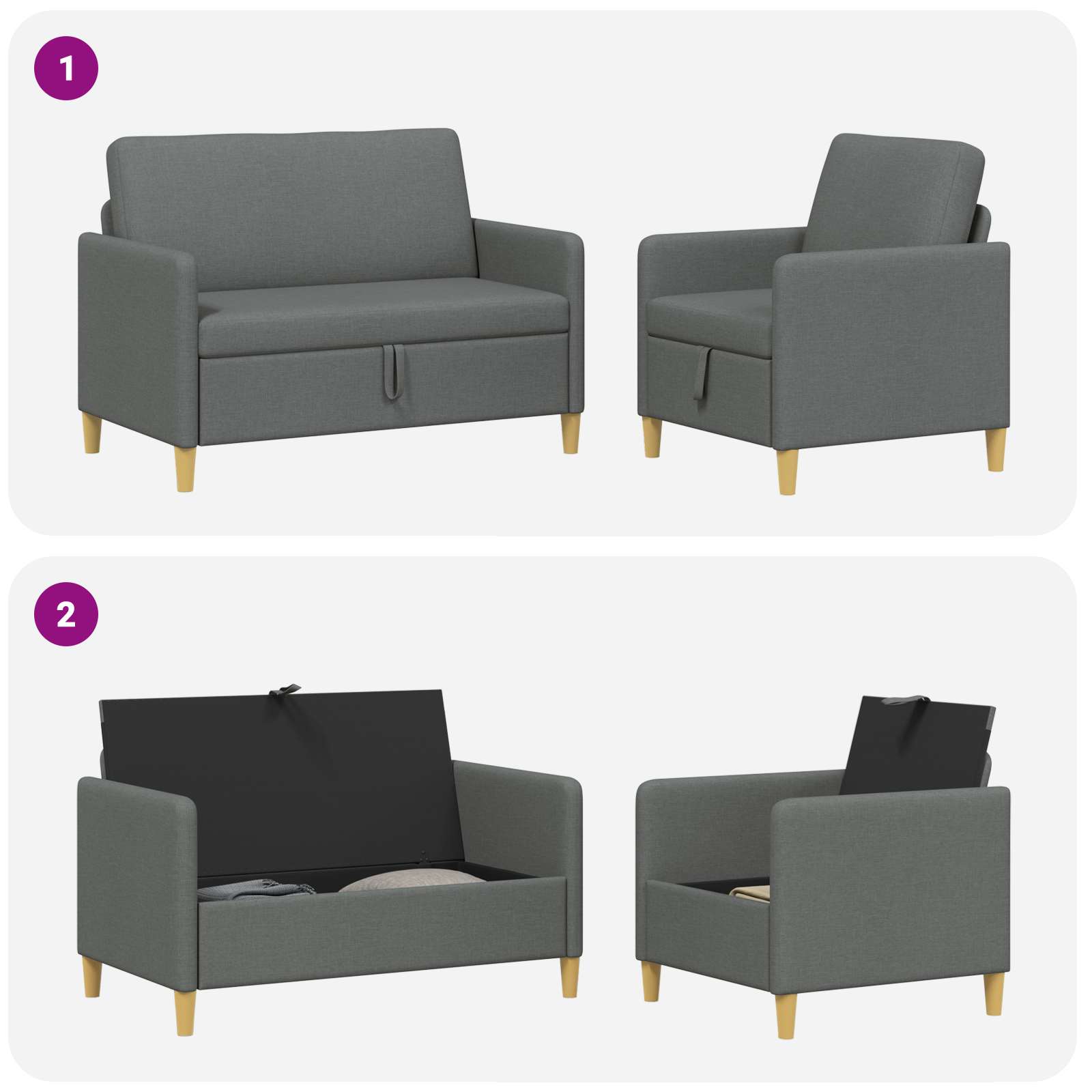 Bankenset met opbergruimte 2 pcs Donkergrijs Polyester