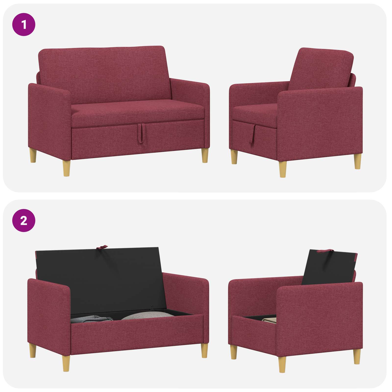 Bankenset met opbergruimte 2 pcs Wijnrood Polyester