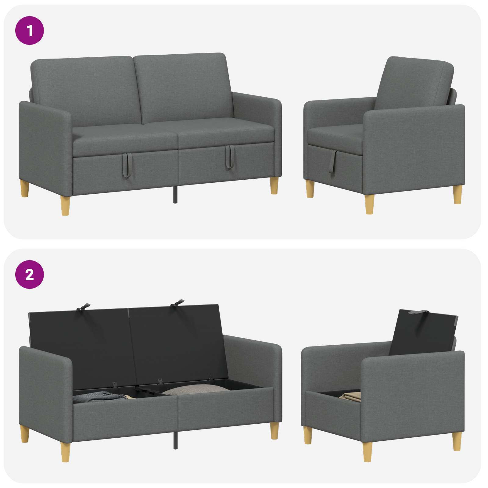 Bankenset met opbergruimte 2 pcs Donkergrijs Polyester
