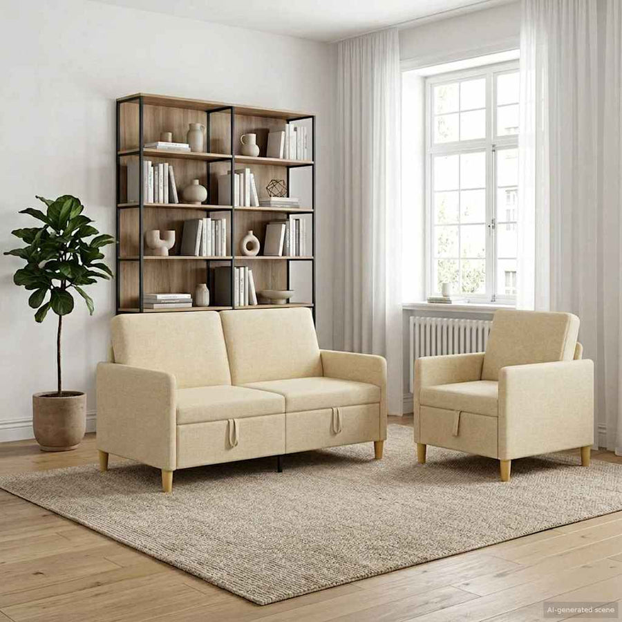 Bankenset met opbergruimte 2 pcs Crèmekleurig Polyester