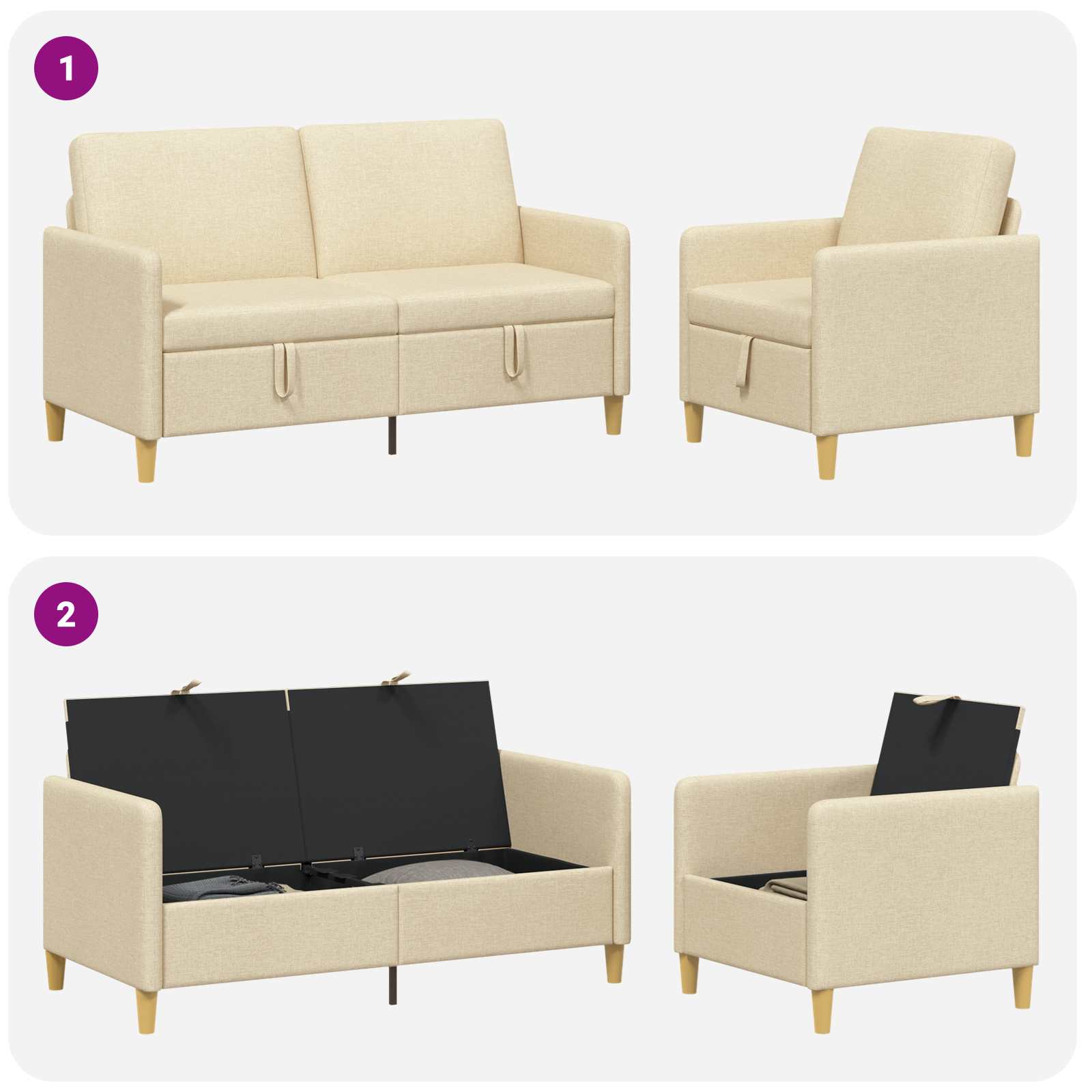 Bankenset met opbergruimte 2 pcs Crèmekleurig Polyester