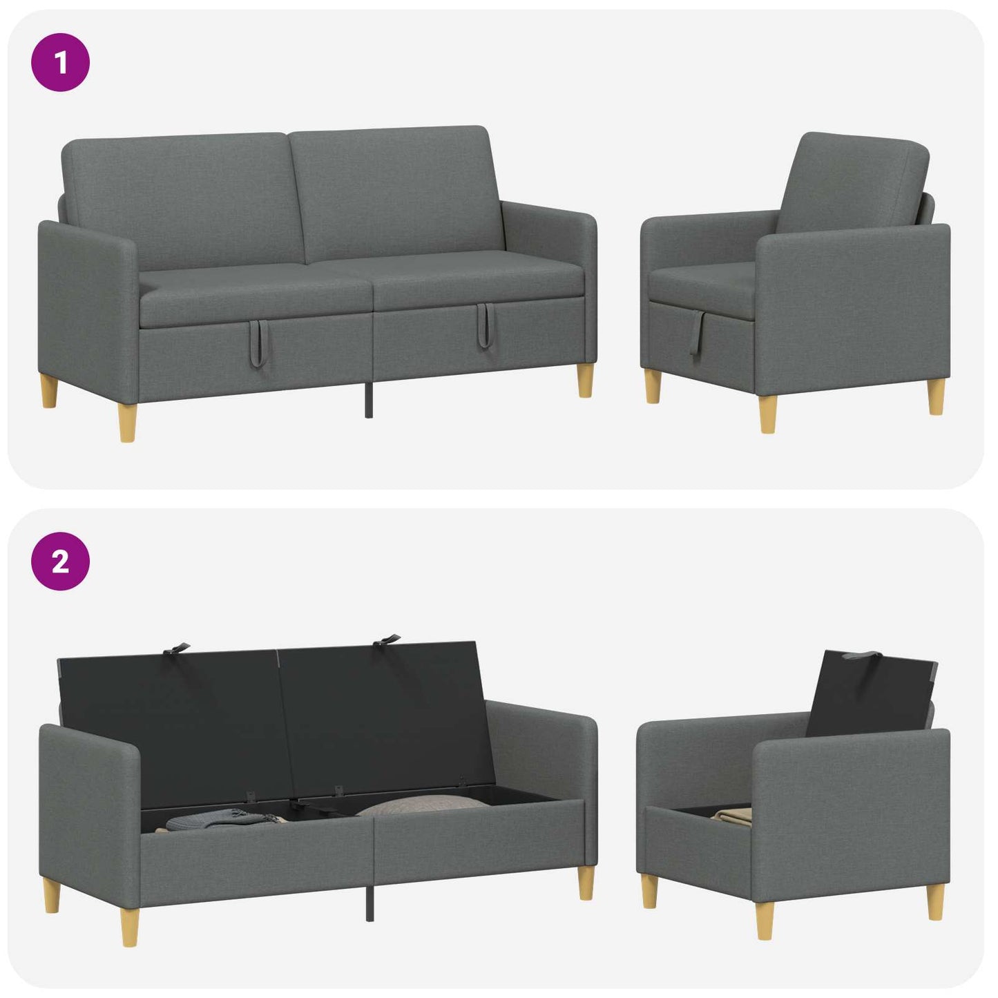 Bankenset met opbergruimte 2 pcs Donkergrijs Polyester
