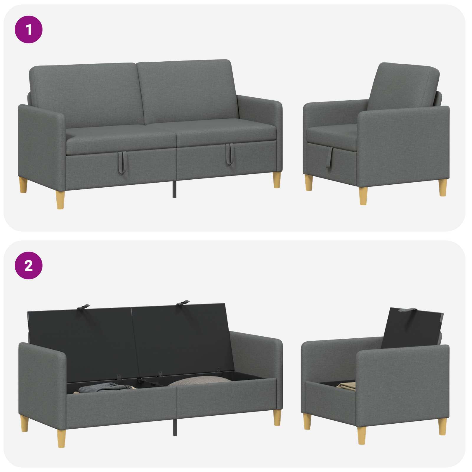 Bankenset met opbergruimte 2 pcs Donkergrijs Polyester