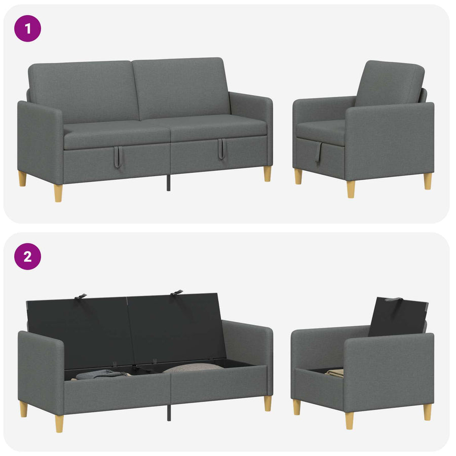 Bankenset met opbergruimte 2 pcs Donkergrijs Polyester