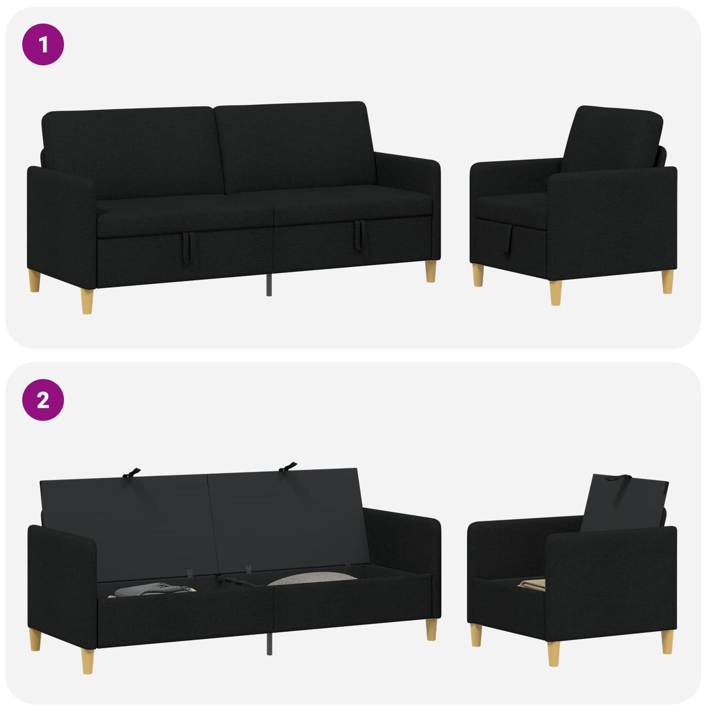 Bankenset met opbergruimte 2 pcs Zwart Polyester