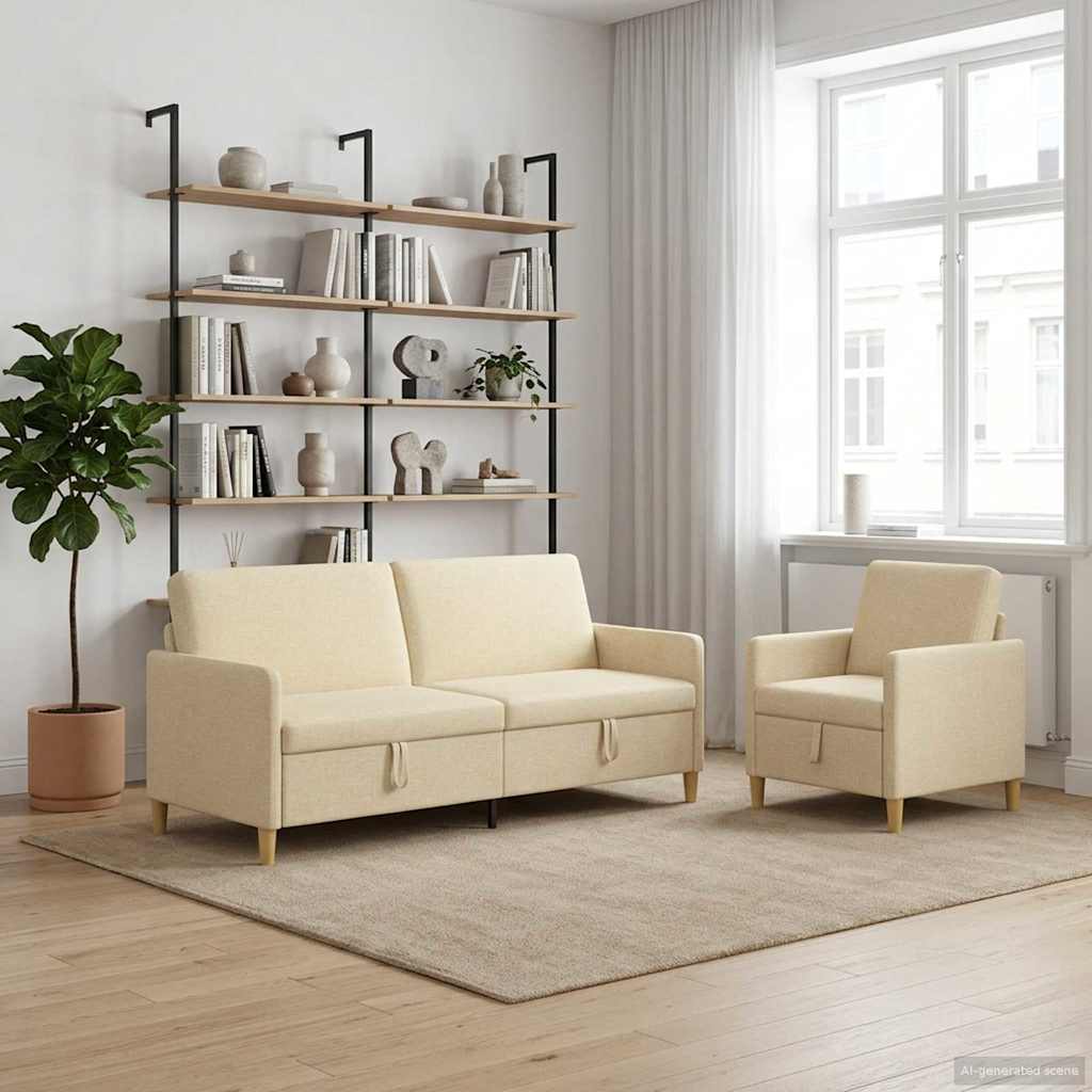 Bankenset met opbergruimte 2 pcs Crèmekleurig Polyester