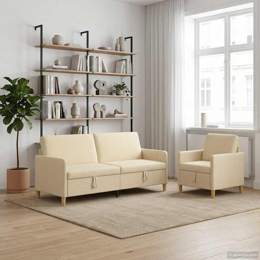 Bankenset met opbergruimte 2 pcs Crèmekleurig Polyester