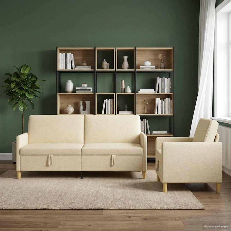 Bankenset met opbergruimte 2 pcs Crèmekleurig Polyester