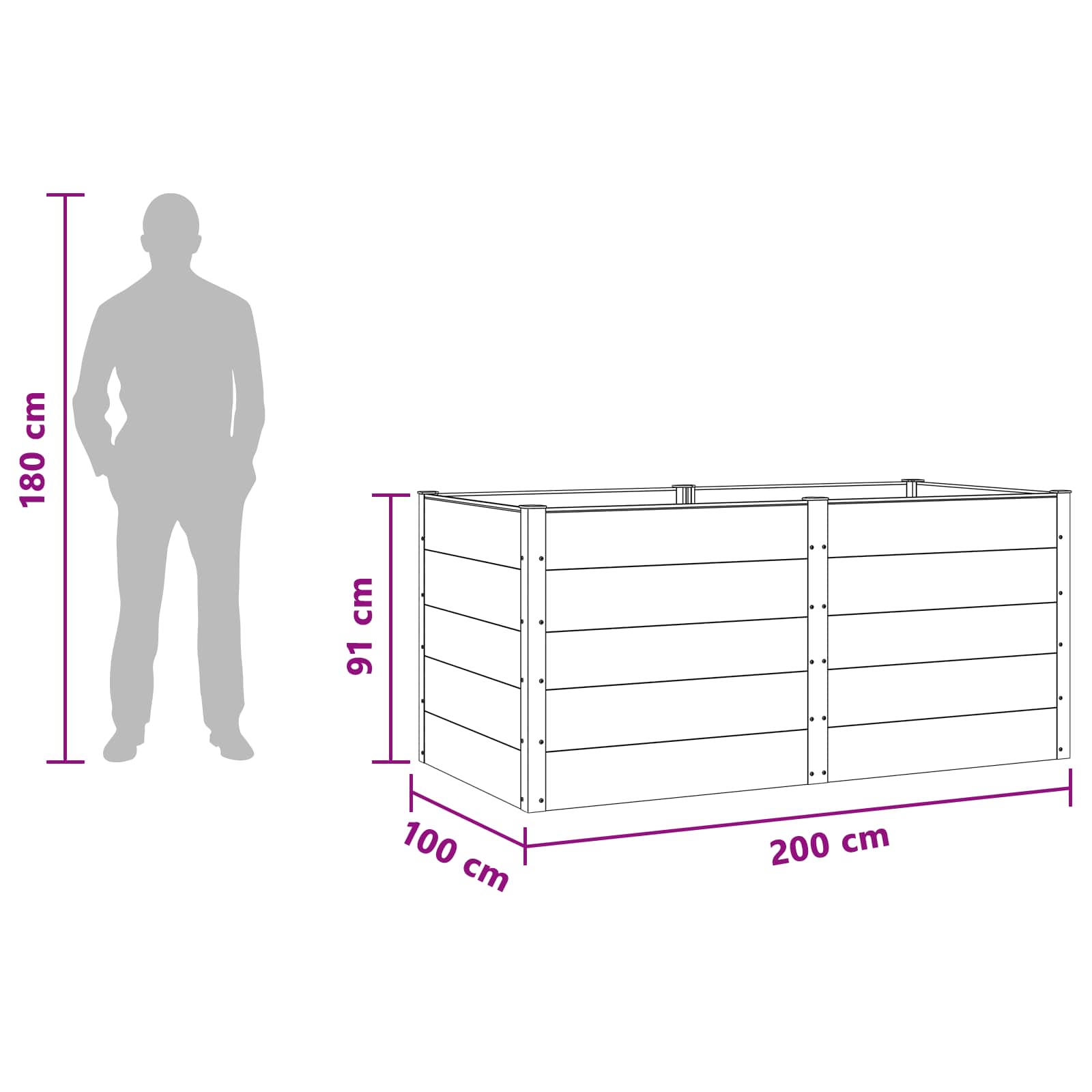Verhoogde plantenbak Zwart 200 x 100 x 91 cm alu.