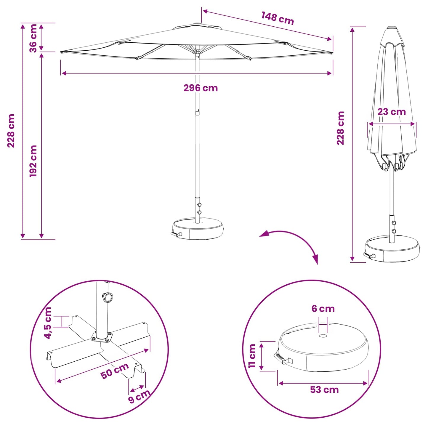 Tuinparasol 300 x 300 cm Polyester Rechthoekig Zwart en Wit