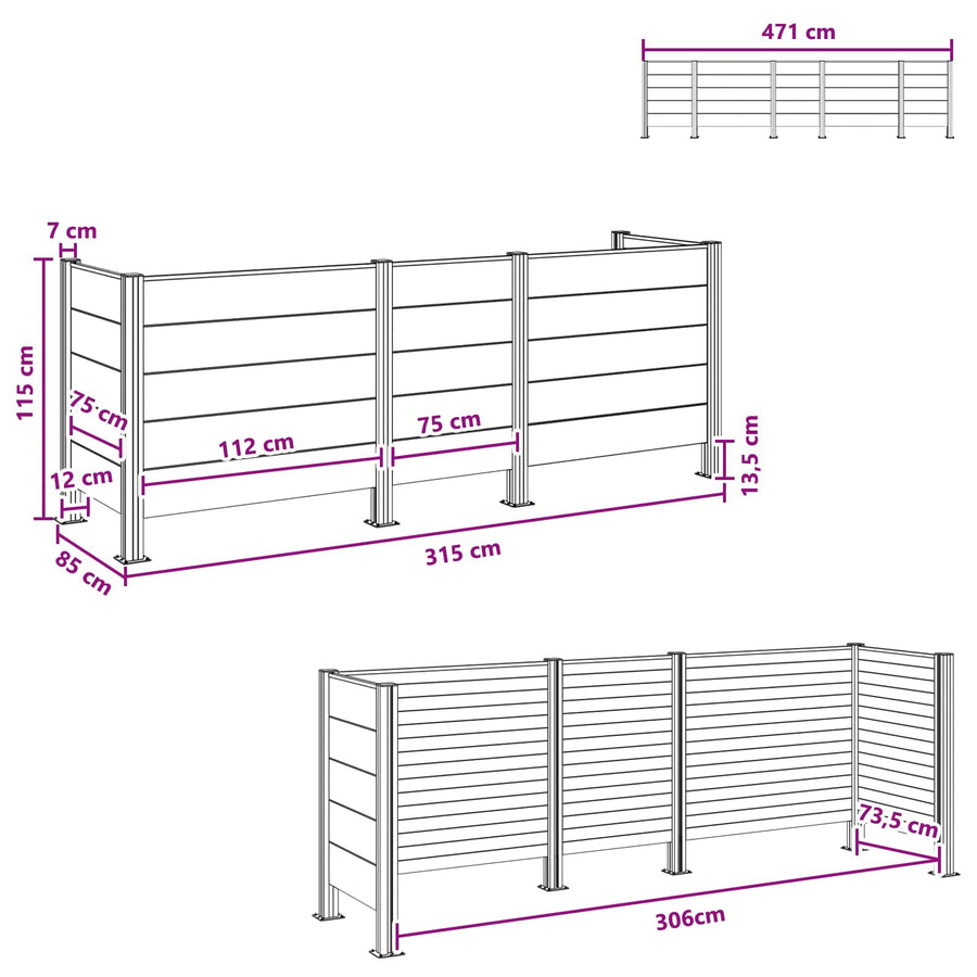 Afvalbak Schutting Bruin 315 x 85 x 115 cm Aluminium en WPC