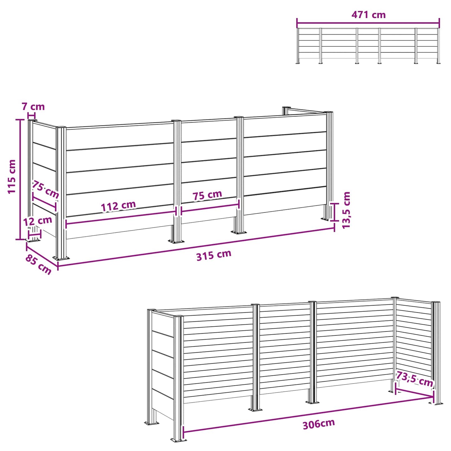 Afvalbak Schutting Grijs 315 x 85 x 115 cm Aluminium en WPC