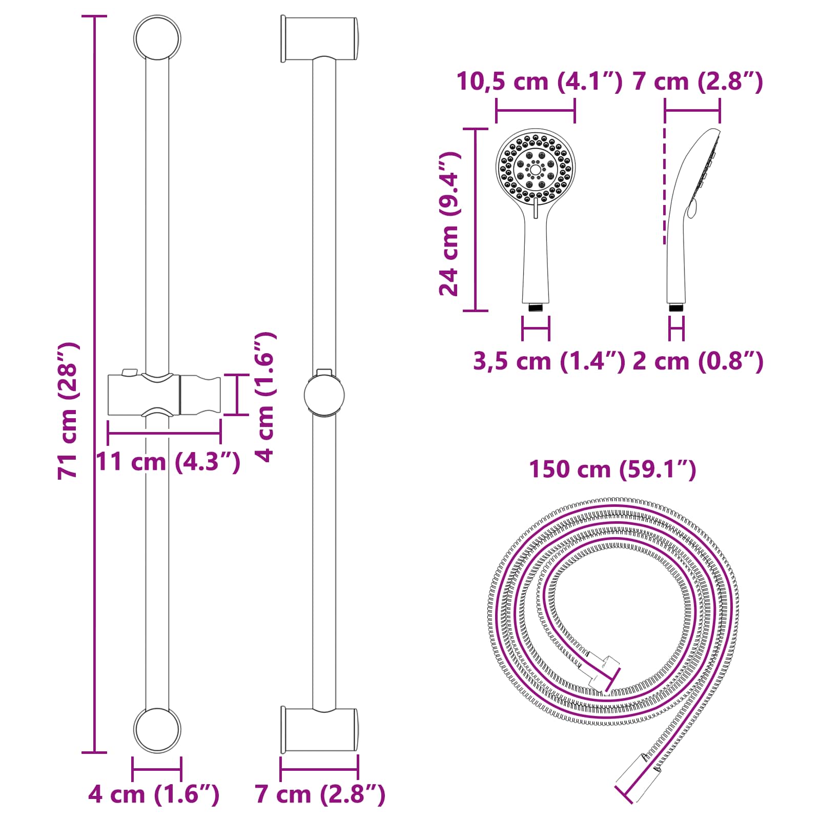 Douchesysteem set Zwart 71 cm Roestvrij staal