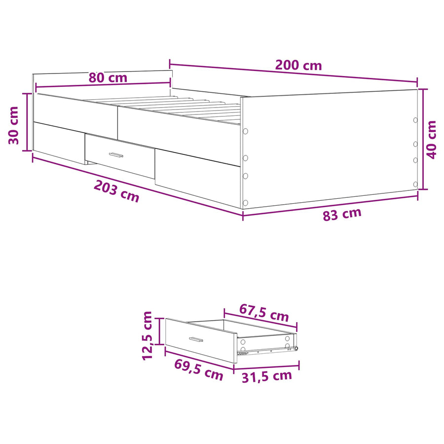 Bedframe met opslag met lade Wit 80 x 200 cm Bewerkt hout