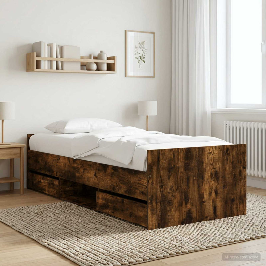 Bedframe met lade met hoofdeinde Gerookt eiken Bewerkt hout