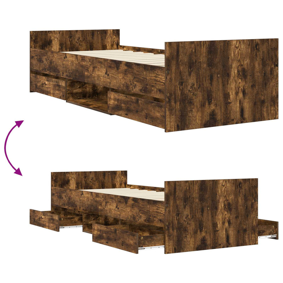 Bedframe met lade met hoofdeinde Gerookt eiken Bewerkt hout