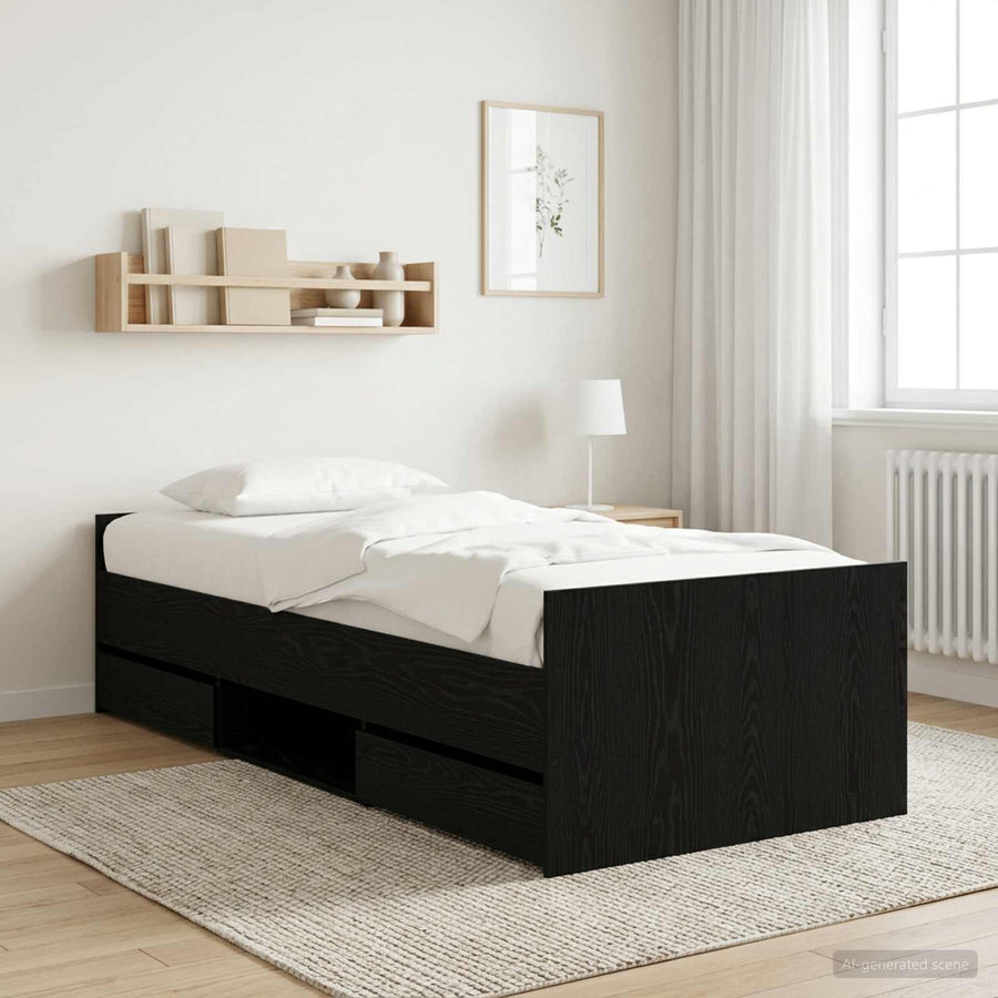 Bedframe met lade met hoofdeinde Zwart eiken Bewerkt hout