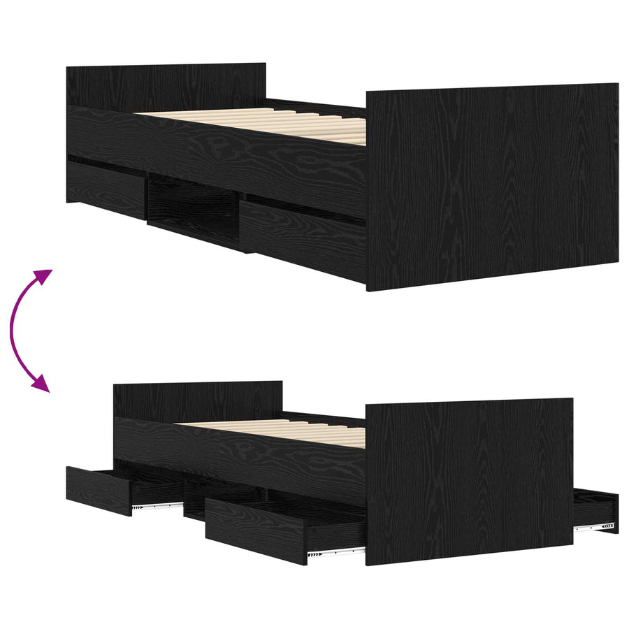 Bedframe met lade met hoofdeinde Zwart eiken Bewerkt hout