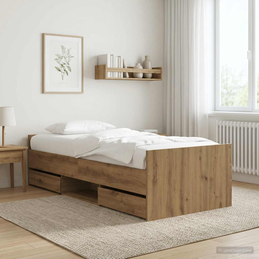 Bedframe met lade met hoofdeinde Artisanaal eiken Bewerkt hout