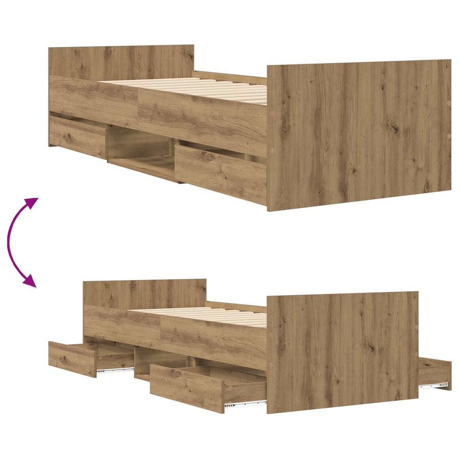 Bedframe met lade met hoofdeinde Artisanaal eiken Bewerkt hout