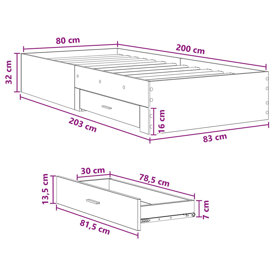 Bedframe met lade met opslag Gerookt eiken Bewerkt hout