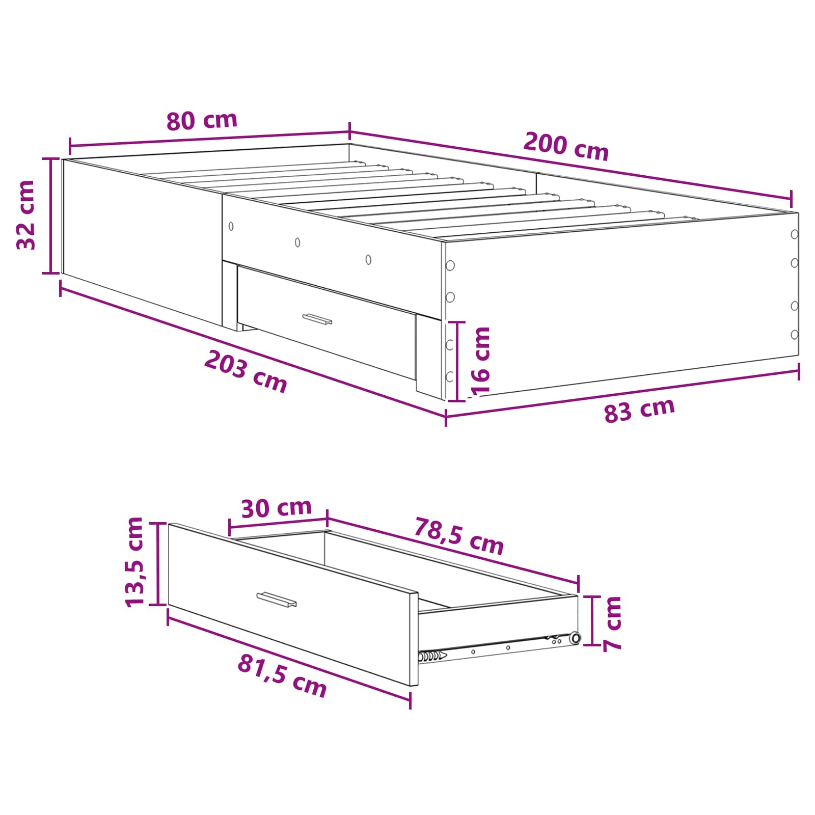 Bedframe met lade met opslag Artisanaal eiken Bewerkt hout