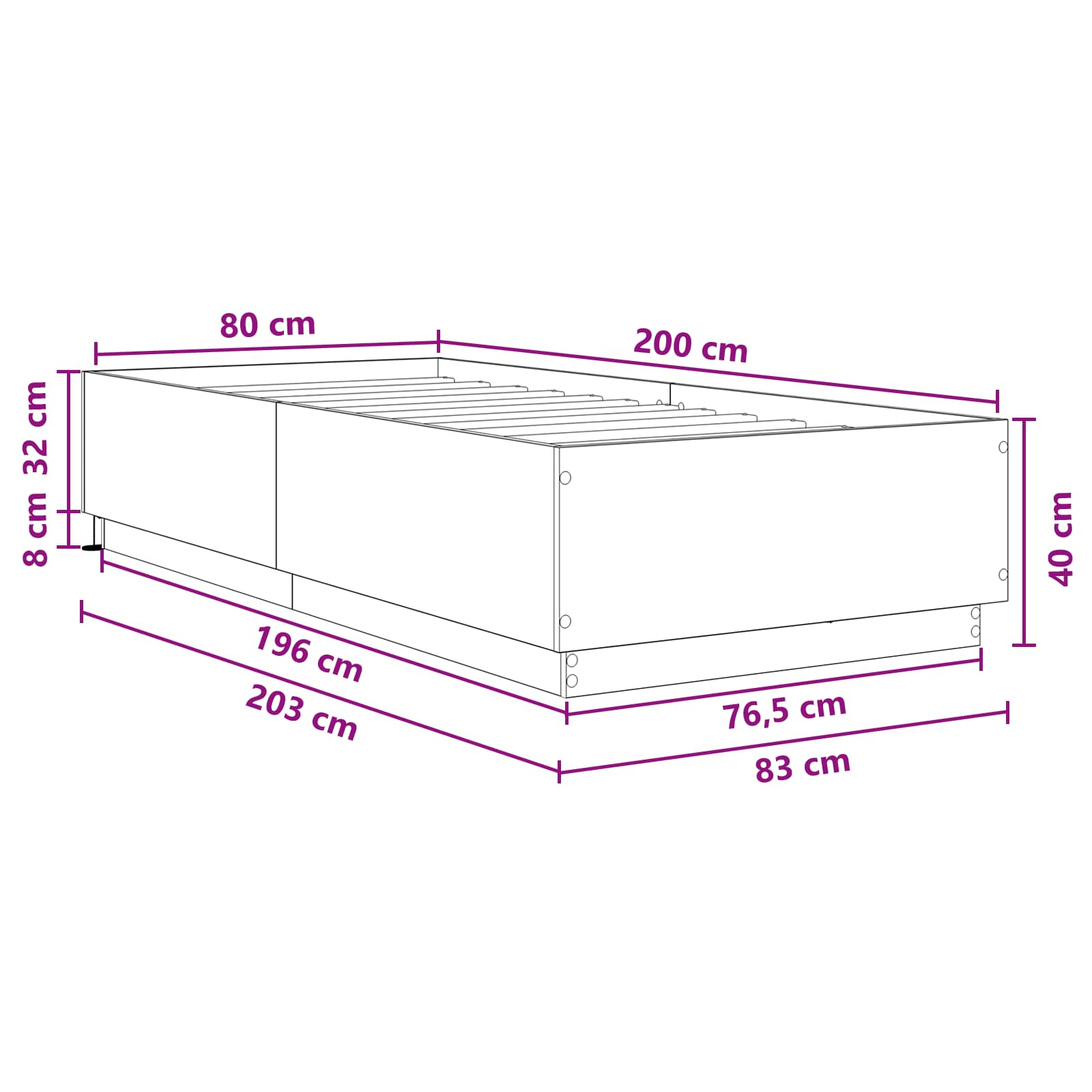 Bed Frame met LED Oud hout 80 x 200 cm Bewerkt hout