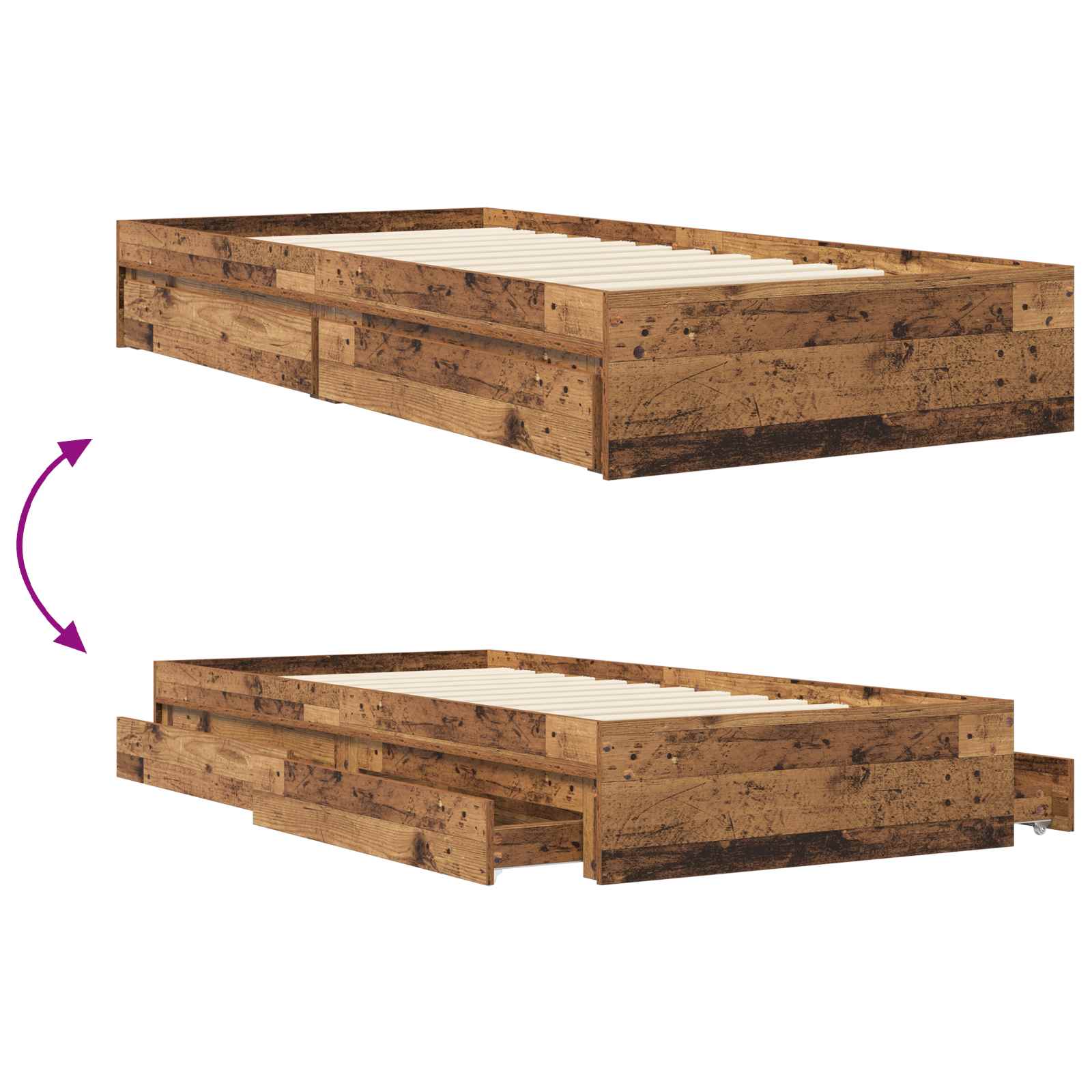 Bedframe met opslag met lade Oud hout 80 x 200 cm Bewerkt hout