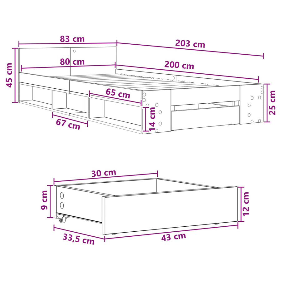 Bedframe met opslag Sonoma Eiken 80 x 200 cm Bewerkt hout
