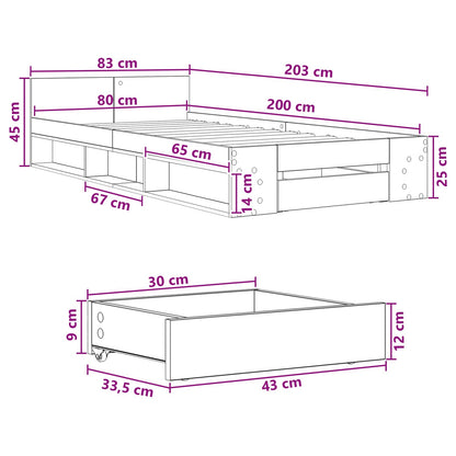 Bedframe met opslag Betongrijs 80 x 200 cm Bewerkt hout