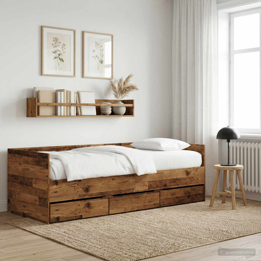 Dagbed met lade met hoofdeinde met opslag Oud hout Bewerkt hout