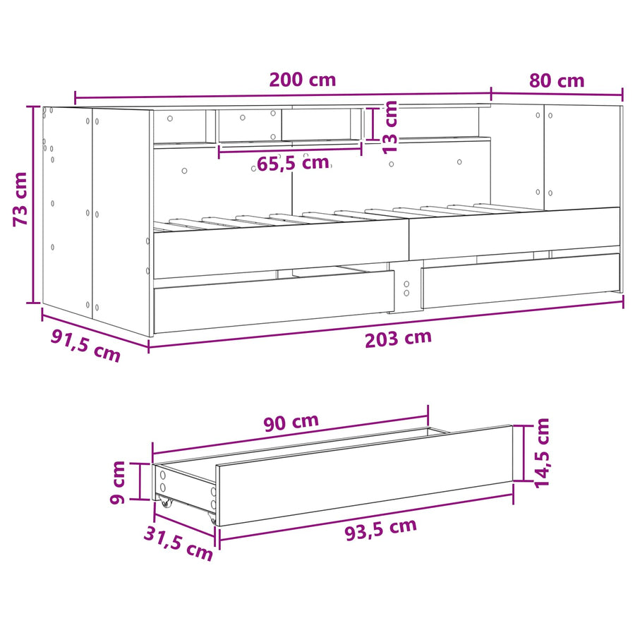 Dagbed met lade met plank met hoofdeinde Wit Bewerkt hout
