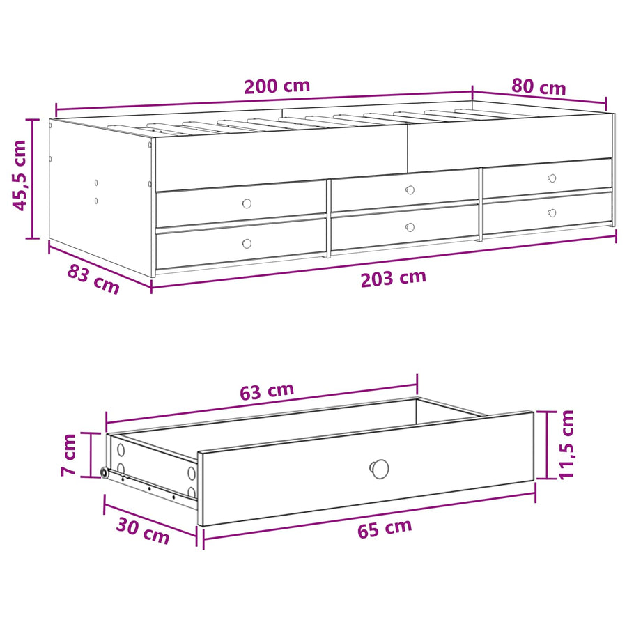 Bedframe met opslag met lade Wit 80 x 200 cm Bewerkt hout