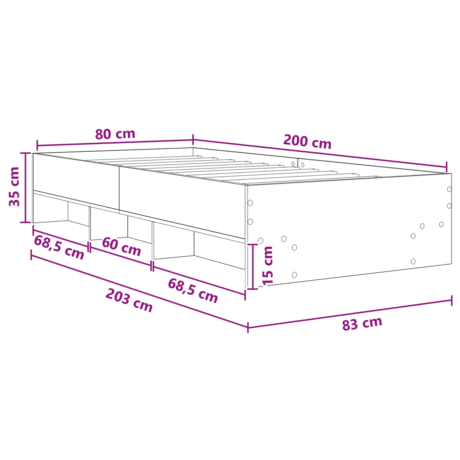 Bedframe met plank Artisanaal eiken 80 x 200 cm Bewerkt hout