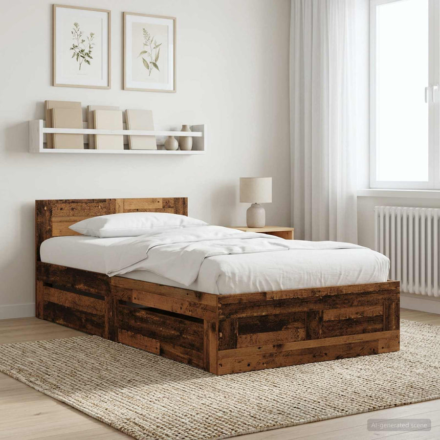 Bedframe met lade met hoofdeinde 2 st Oud hout Bewerkt hout