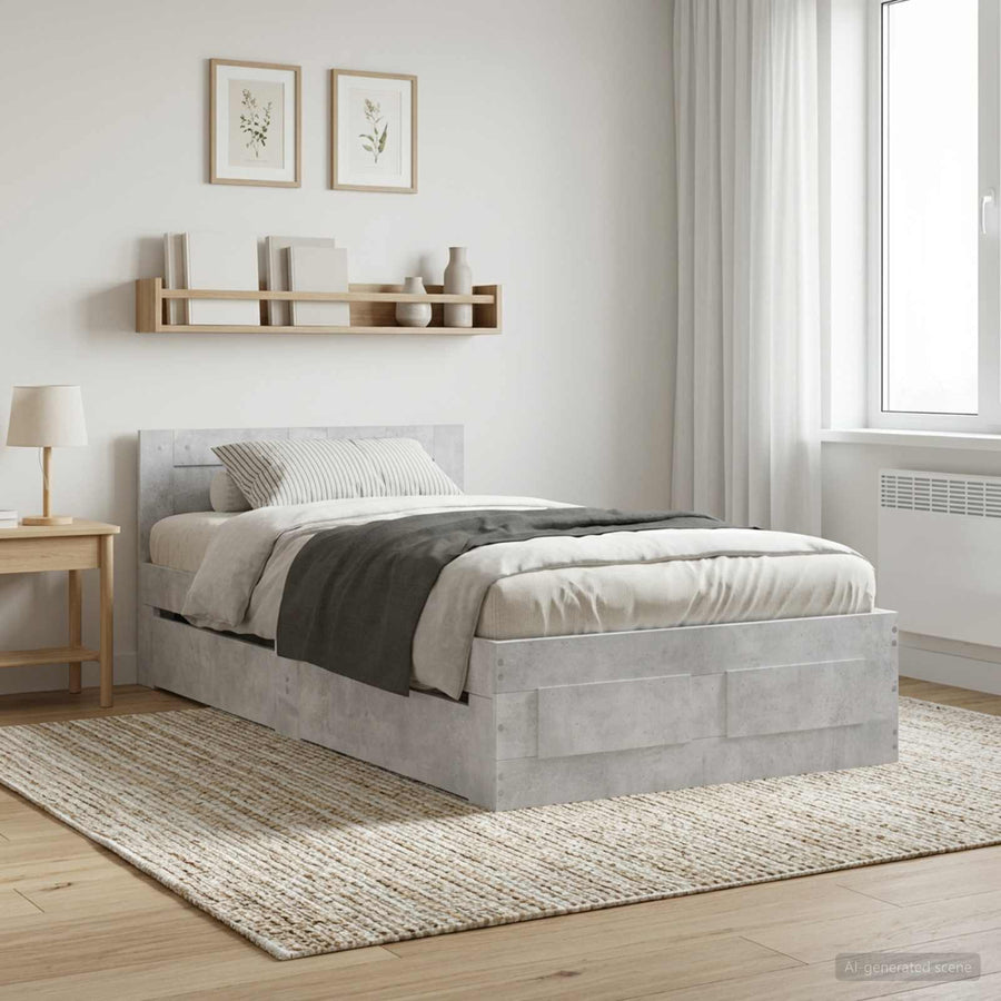 Bedframe met lade met hoofdeinde 2 st Betongrijs Bewerkt hout